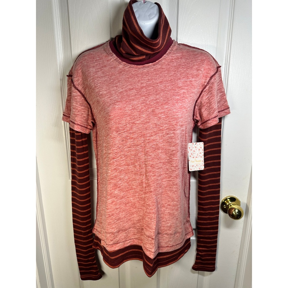 NWT! Free‎ People Layering Top Washed Red Combo Ribbed Turtleneck Tee XS